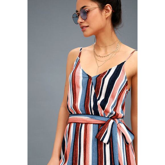 Lulu’s - Angelene Blue & Orange Striped Sleeveless Romper - Size Small - Picture 3 of 9